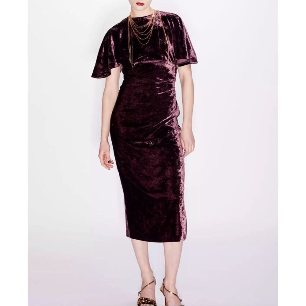 Zara Purple Velevet Blogger Favorite Short Sleeve Midi Dress Size XS